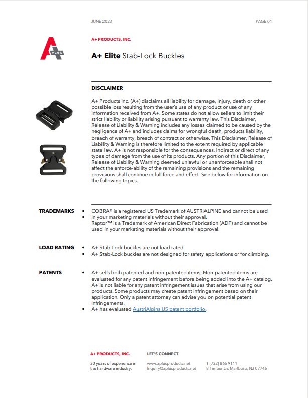 A+ Elite Stab Lock Product Disclaimer